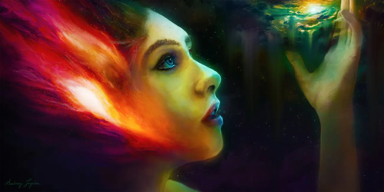 An awed golden-skinned woman in space, with a red galaxy for hair, holds aloft another galaxy in her hand, which falls away into dust.