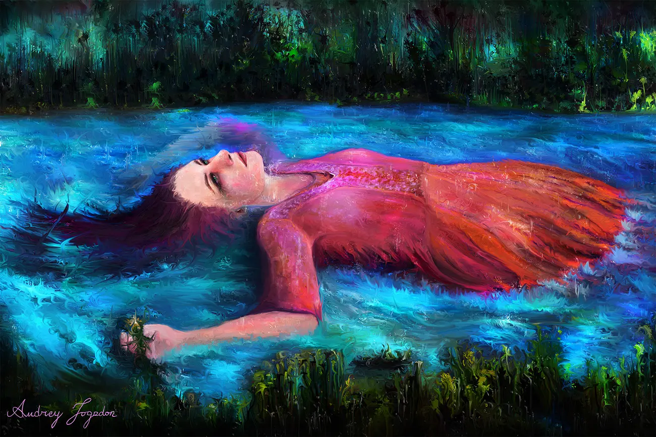 A pale meditative woman wearing a simple purple-orange dress drifts in a river, her body suspended looking up at the sky. Her long, purple hair floats in the unnaturally vibrant blue waters of the river, with dark lines of small plants dotting both banks of the water.