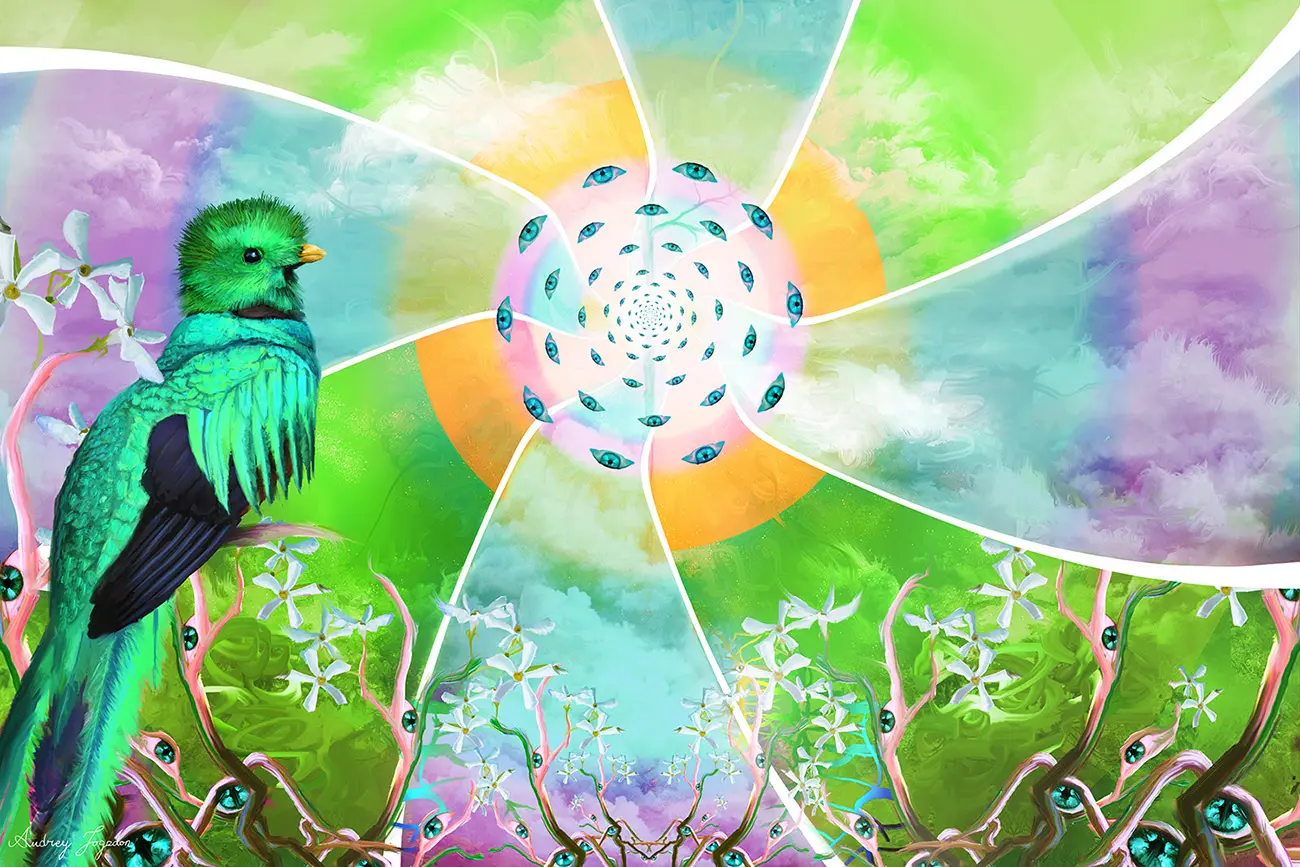 A cleanly designed spiral of pastel oranges, greens, blues, and purples terminates in its center with successive spirals of blue eyes. At the bottom, fractalized plants bearing both eyes and flowers of jasmine, while to the left sits a ruffled quetzal, its plumage a vibrant turquoise.
