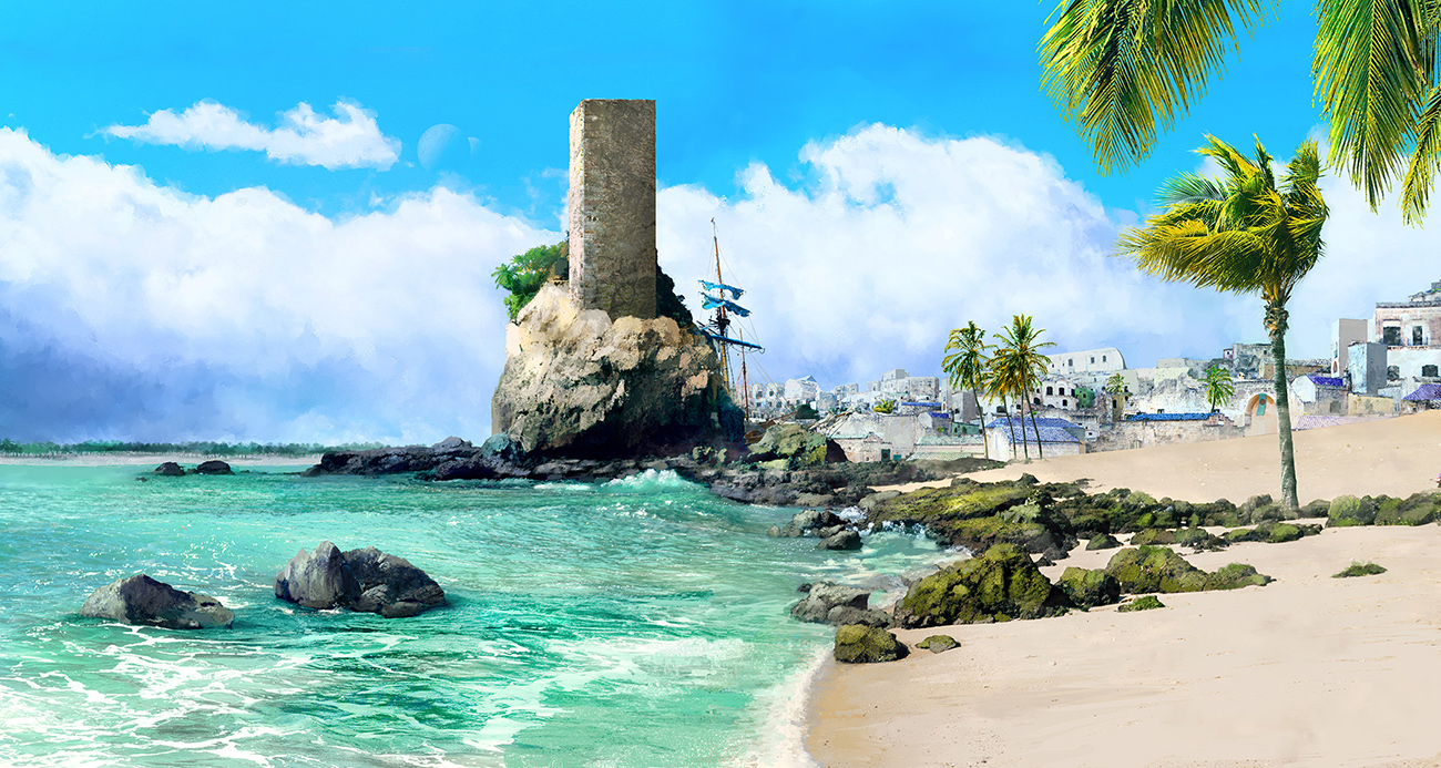 Beautiful cerulean waves break on the sands and rocks of a wind-swept, palm-adorned shore. In a large rock, a tower rises into the sky; behind it, a harbor is filled with boats. Beyond the water, a large collection of white buildings of various sizes are haphazardly arranged.